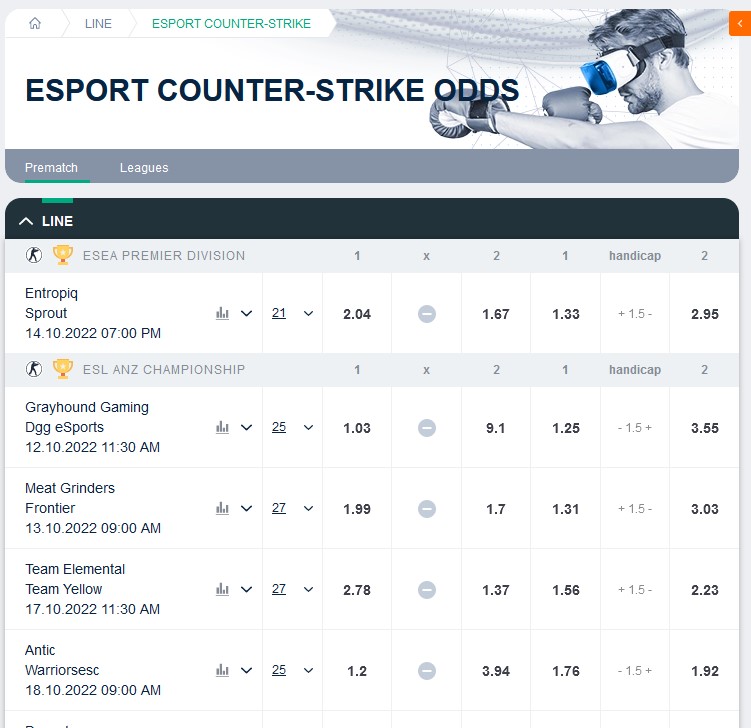 Example of possible bets on CS:GO