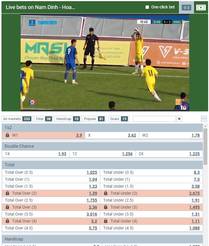 Example of a soccer match in streaming on Melbet